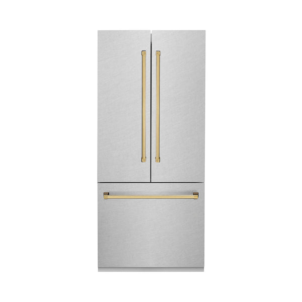 ZLINE 36  Autograph Edition 19.6 cu. ft. Built-in 3-Door French Door Refrigerator with Internal Water and Ice Dispenser in Fingerprint Resistant Stainless Steel with Gold Accents (RBIVZ-SN-36-G) Online now